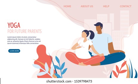 Yoga Exercises, Fitness Courses for Future Parents Trendy Flat Vector Web Banner, Landing Page Template. Pregnant Woman with Husband Meditating, Doing Breathing Exercises, Practicing Yoga Illustration