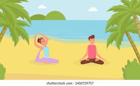 Yoga exercises flat vector illustration. Man and woman doing yoga on beach, meditating guy and girl in triangle pose cartoon characters. Satisfied wife and husband relaxing on vacation