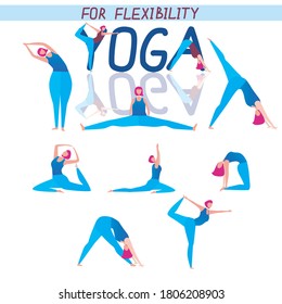 Yoga exercises for flexibility as a set or collection of asanas with a cute girl with a square. Flat vector illustration as a concept of flexibility, activity, sport, yoga on a white background