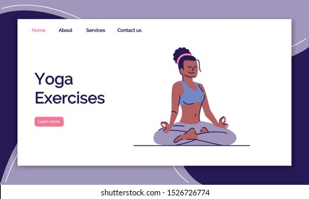 Yoga exercises landing page vector template. Stress management website interface idea with flat illustrations. Meditation homepage layout. Fitness training web banner, webpage cartoon concept