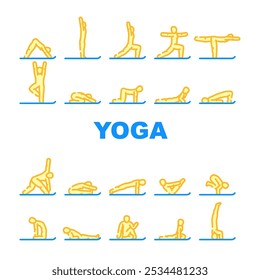 yoga exercises meditation icons set vector. flexibility balance, strength flow, mindfulness relaxation, posture, alignment yoga exercises meditation color line illustrations