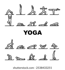 yoga exercises meditation icons set vector. flexibility balance, strength flow, mindfulness relaxation, posture, alignment yoga exercises meditation black contour illustrations