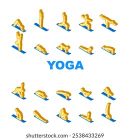 yoga exercises meditation icons set vector. flexibility balance, strength flow, mindfulness relaxation, posture, alignment yoga exercises meditation isometric sign illustrations