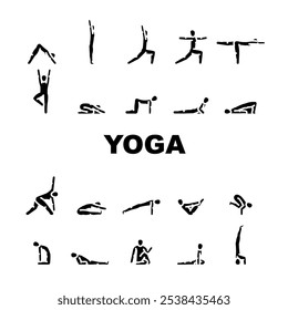 yoga exercises meditation icons set vector. flexibility balance, strength flow, mindfulness relaxation, posture, alignment yoga exercises meditation glyph pictogram Illustrations