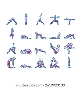 yoga exercises sport health doodle icons set vector. workout healthy, fit woman, female balance, body people, home, pose gym, girl active yoga exercises sport health sketch hand drawn