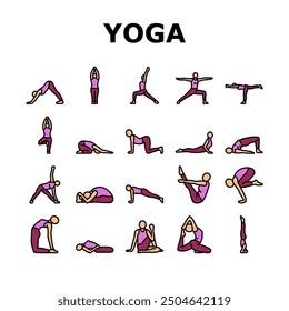 yoga exercises sport health icons set vector. workout healthy, fit woman, female balance, body people, home, pose gym, girl active yoga exercises sport health color line illustrations