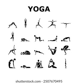 yoga exercises sport health icons set vector. workout healthy, fit woman, female balance, body people, home, pose gym, girl active yoga exercises sport health glyph pictogram Illustrations