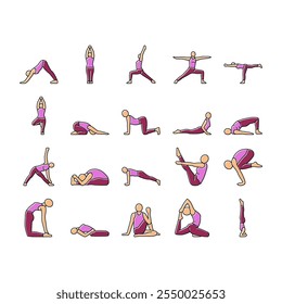 yoga exercises sport health icons set vector. workout healthy, fit woman, female balance, body people, home, pose gym, girl active yoga exercises sport health color line illustrations