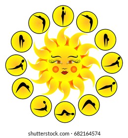 Yoga exercises Sun Salutation Surya Namaskara. Vector illustration.