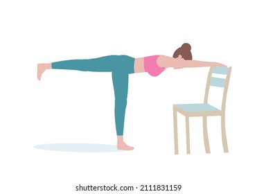 Ejercicios de yoga que se pueden realizar en casa con una silla robusta. Yoga y pérdida de peso. estilo de dibujo animado.