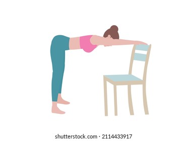 Yoga Exercises that can be done at home using a sturdy chair. Downward Facing Dog of chair Yoga Pose. Cartoon style.