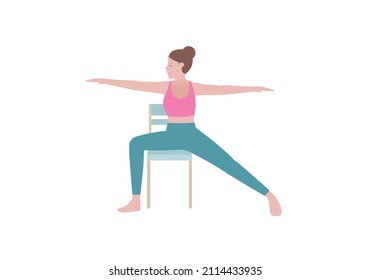 Yoga Exercises that can be done at home using a sturdy chair.
Sit tall at the edge of your seat. Bend your right knee to the side and stretch your left leg out behind. with Warrior posture.