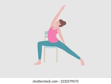 Yoga Exercises that can be done at home using a sturdy chair.
draw your left arm towards the left leg while lifting the right arm towards the ceiling as you exhale. with Reverse Warrior posture.
