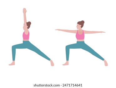 Yoga Exercises with Warrior 1 and Warrior 2 Poses. Powerful stretch for the legs, groins, and chest - improving stamina, relieving backaches.Sports silhouettes. Fitness and health.