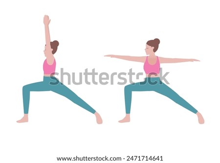 Yoga Exercises with Warrior 1 and Warrior 2 Poses. Powerful stretch for the legs, groins, and chest - improving stamina, relieving backaches.Sports silhouettes. Fitness and health.