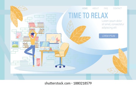 Yoga Exercising Breathing Training at Workplace Landing Page Design. Woman Worker Relaxing in Office. Businesswoman Stretching. Work Break, Stress Reduce. Healthcare and Wellbeing. Vector Illustration