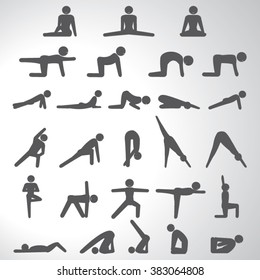 Yoga exercising stretching relaxation icons set illustration