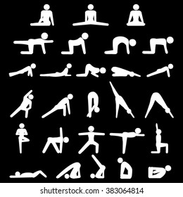 Yoga exercising stretching relaxation icons set illustration