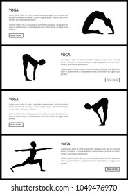 Yoga female silhouettes set, vector illustration, text sample, push buttons, warrior pose, forward hold and camel poses samples, yoga body training