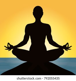 Yoga, figure of a man sitting in a lotus pose against the background of the sea and sunset, vector silhouette. Meditation relaxation human on the beach, outline portrait, contour drawing