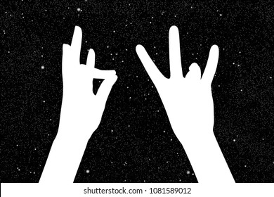 Yoga For Fingers At Night. Vector Illustration With Silhouette Of Hands, Showing Mudra Of Earth Under Starry Sky. Inverted Black And White