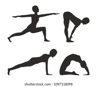 Yoga and fitness activities set, shapes or silhouettes of woman does exercises with poses cartoon vector illustrations collection isolated on white.
