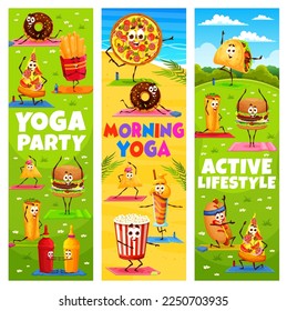 Yoga fitness banners, cartoon fast food characters and personages. Vector vertical cards for wellness classes with pizza, burger, donut, sauce. Tex mex tacos, nachos or burrito with enchilada exercise