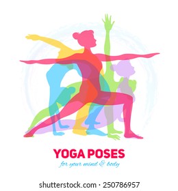 Yoga fitness concept with girl silhouettes in different poses vector illustration