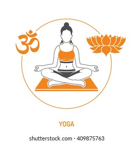Yoga and Fitness Concept for Mobile Applications, Web Site, Advertising like Yoga Woman, Om Sign and Lotus Icons.