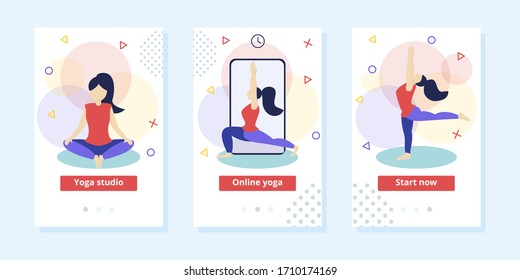 Yoga fitness and healthy lifestyle concept vector illustration, template for stretching lesson landing page mobile app with girl on yoga mat. Illustration for online courses, lessons for beginners