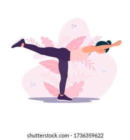 Yoga, fitness and healthy lifestyle concept illustration. Woman doing workout indoor. Relaxed young woman enjoying rest. Trendy vector in flat cartoon style.