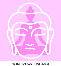 Yoga Fitness Icon. Flat Design Isolated Illustration. With girl sitting in lotos pose in pink colours. With with white line art Buddha