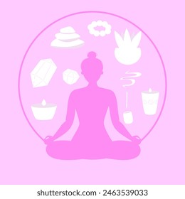 Yoga Fitness Icon. Flat Design Isolated Illustration. With girl sitting in lotos pose in pink colours. With circle on background and yoga items