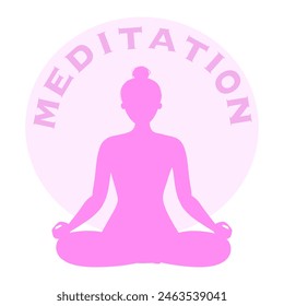 Yoga Fitness Icon. Flat Design Isolated Illustration. With girl sitting in lotos pose in pink colours. With circle on background and text