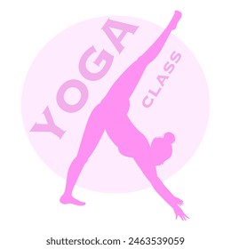 Yoga Fitness Icon. Flat Design Isolated Illustration. With girl sitting in lotos pose in pink colours. With circle on background and text