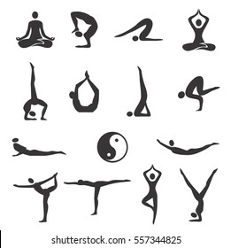 Yoga Fitness Icons.
Set of black Icons of different yoga positions. Vector available.