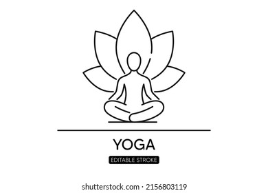 Yoga Fitness Linie Symbol. Entspannen Sie die Meditationspraxis. Mensch sitzt in Lotus Yoga Pose. Ruhiger Geist, meditat Pose und Körper entspannen Umriss Symbol. Ruhe, Frieden und Selbstgefälligkeit. Pixel perfekt. Vektorgrafik