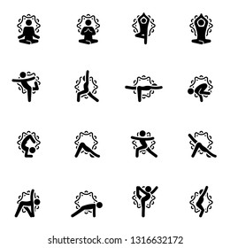 Yoga Fitness and Meditation Icon Set. Flat Design Yoga Poses with Mandala Ornament in Back. Isolated Illustration.