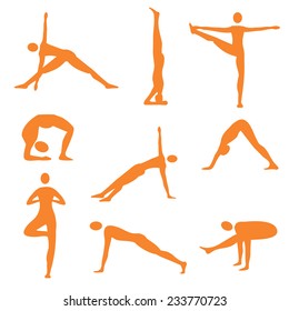 Yoga fitness orange icons. Set of nine orange  yoga and fitness icons. Vector illustration. 
