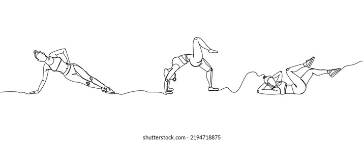 Yoga, gimnasia, entrenamiento conjunto de una línea de arte. Dibujo continuo de deportes, fitness, pilates, atletismo, fuerza, atleta, atleta, mujer, gimnasia, estiramientos, ejercicios de abs, tablón lateral, entrenamiento.