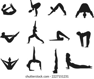 yoga and fitness set cartoon isolated vector Silhouette