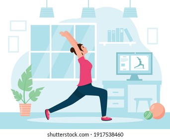 Yoga or fitness training at home. Happy girl do stretching in the room. Healthy lifestyle concept. Vector illustration in flat style.
