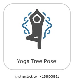 Yoga Fitness Tree Pose Icon. Flat Design Yoga Poses with Mandala Ornament in Back. Isolated Illustration.