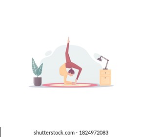 Yoga and fitness vector flat illustration. A girl does yoga at home. Isolated on white background.