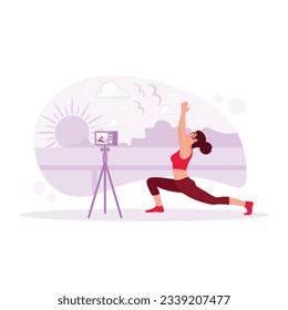 Yoga, fitness y el smartphone de las mujeres transmitiendo en vivo por las redes sociales. Muchacha creadora de contenido estirando, pilates y fitness. Vlogger femenino de fitness. Ilustración plana vectorial moderna de tendencia