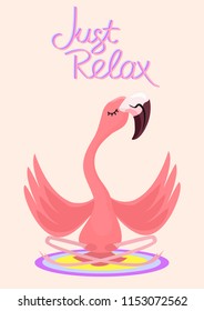 Yoga flamingo meditates. Vector poster.