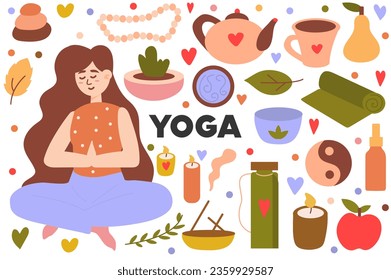 Yoga flat cartoon set. An illustrative set portraying a girl immersed in yoga practices, combining a lively cartoon design with essential yoga elements. Vector illustration.