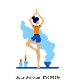 Yoga flat color vector faceless character. Aromatherapy and workout for relaxation. Meditation with aroma candles. Physical wellbeing isolated cartoon illustration for web graphic design and animation