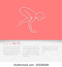 Yoga flat icon, vector design of advertising booklet mockup, woman in crow pose, white outline logo with side shadow, paisley ornament on folded paper brochure and copy space for yoga school center