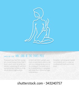 Yoga flat icon, vector design of advertising booklet mockup, woman in   twist pose, white outline logo with side shadow, paisley ornament on folded paper brochure and copy space for yoga school center